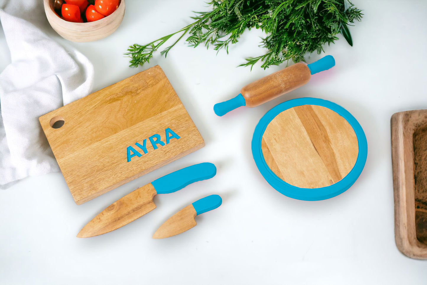 Cooking Combo 4 - Rolling Pin and board with Chopping board and 2 Montessori knives | Chakla Belan combo | Montessori Knife combo | Kids Kitchen Tools | Roti Maker | Pretend Play