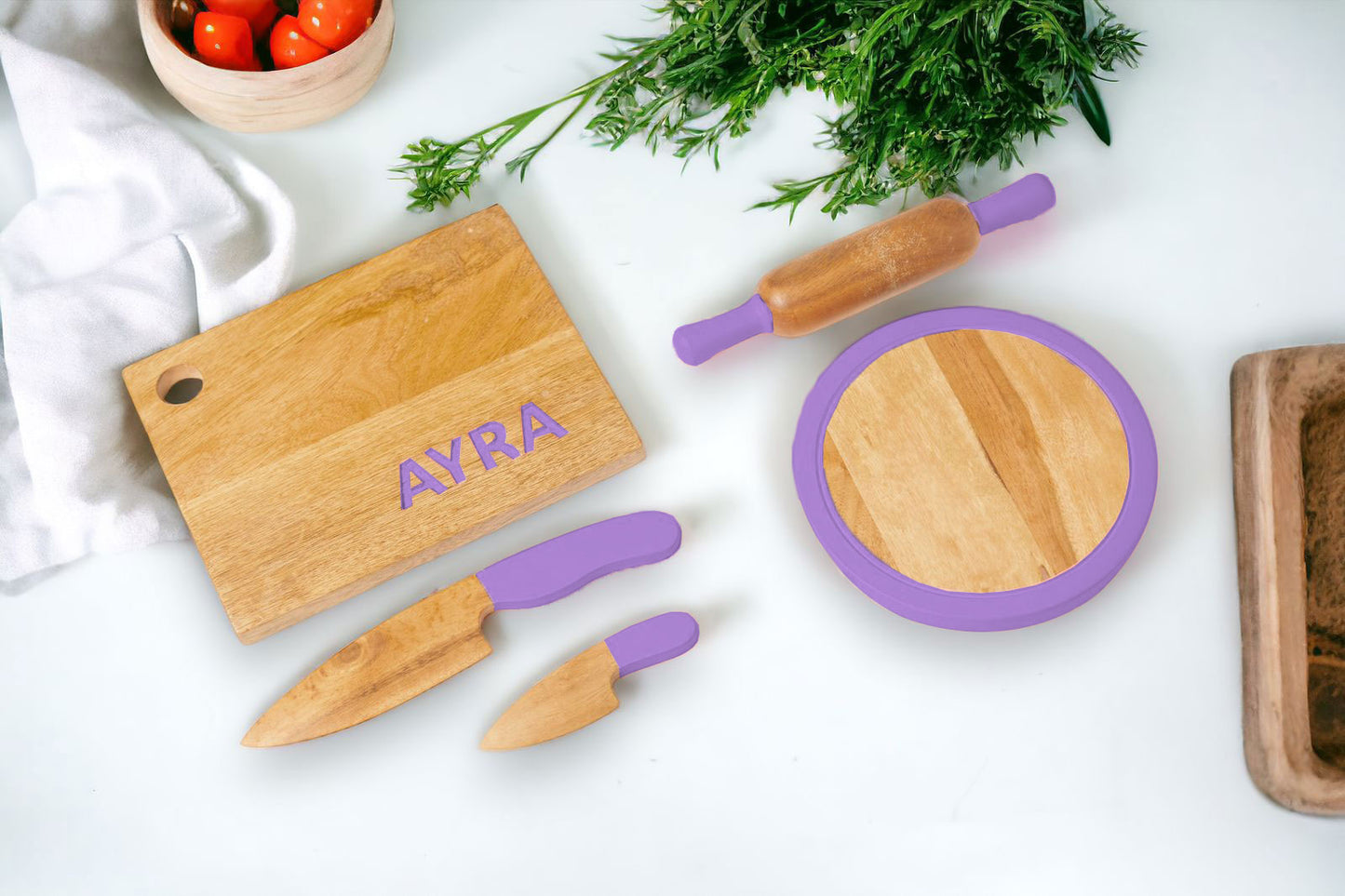 Cooking Combo 4 - Rolling Pin and board with Chopping board and 2 Montessori knives | Chakla Belan combo | Montessori Knife combo | Kids Kitchen Tools | Roti Maker | Pretend Play