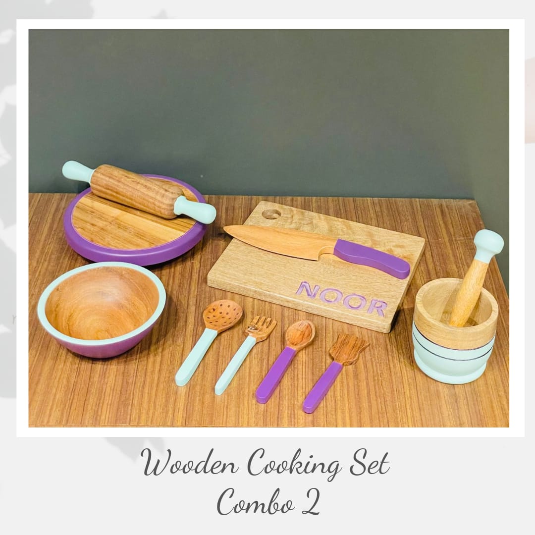 Wooden cooking set Combo 2 - Cooking set + Mortar & Pestle Set + Montessori knife set - House of Zizi