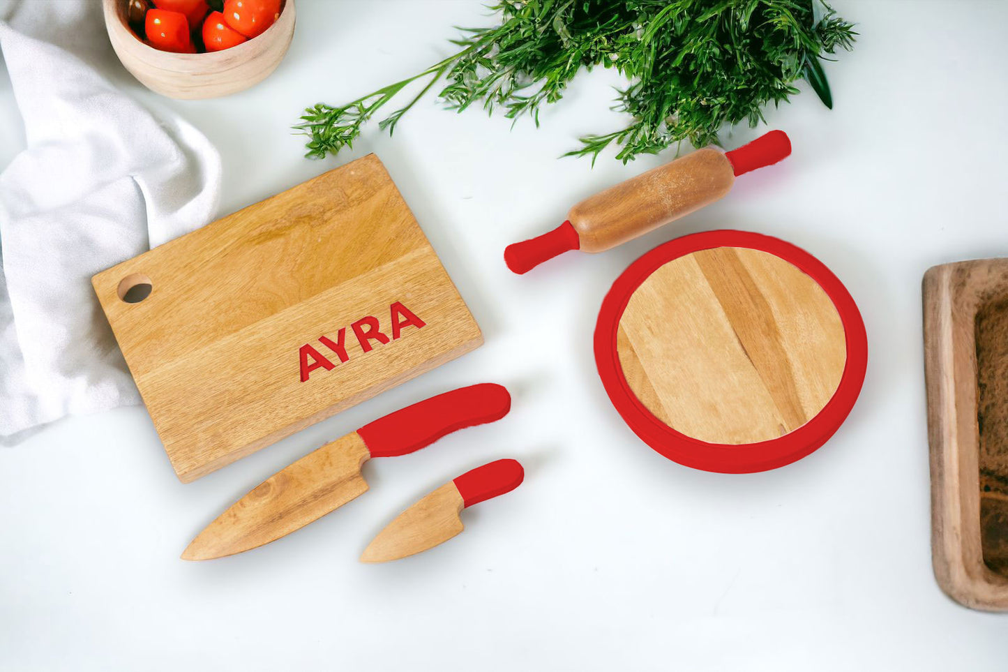 Cooking Combo 4 - Rolling Pin and board with Chopping board and 2 Montessori knives | Chakla Belan combo | Montessori Knife combo | Kids Kitchen Tools | Roti Maker | Pretend Play