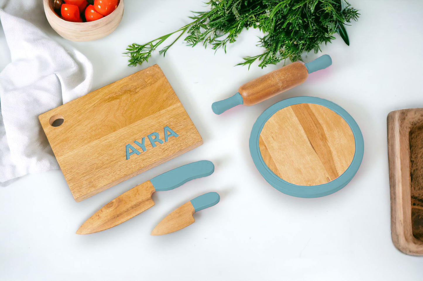Cooking Combo 4 - Rolling Pin and board with Chopping board and 2 Montessori knives | Chakla Belan combo | Montessori Knife combo | Kids Kitchen Tools | Roti Maker | Pretend Play